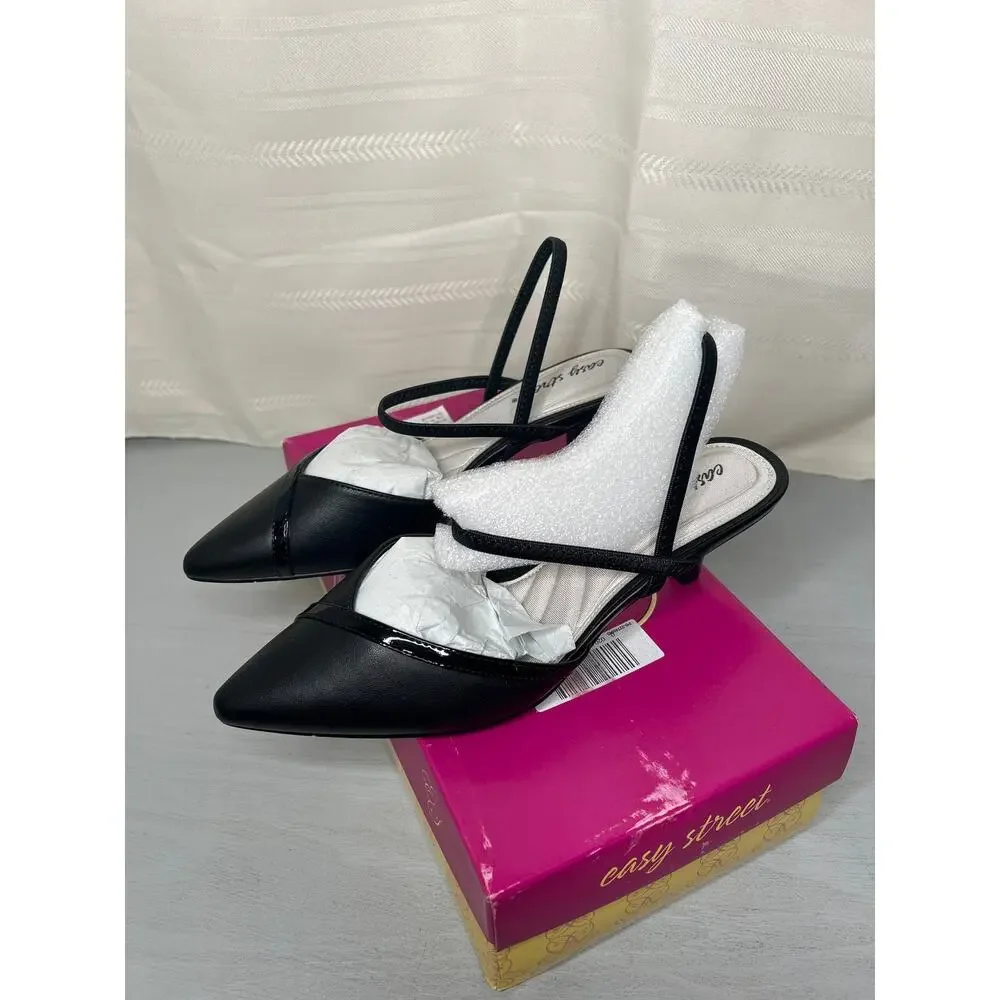 NIB Easy Street Unna Womens 8.5 M Black Multi Strap Pointed Toe Kitten Heels